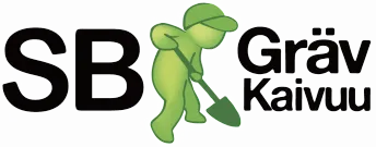 Logo för SB Gräv. Grön gubbe i keps gräver med spade.