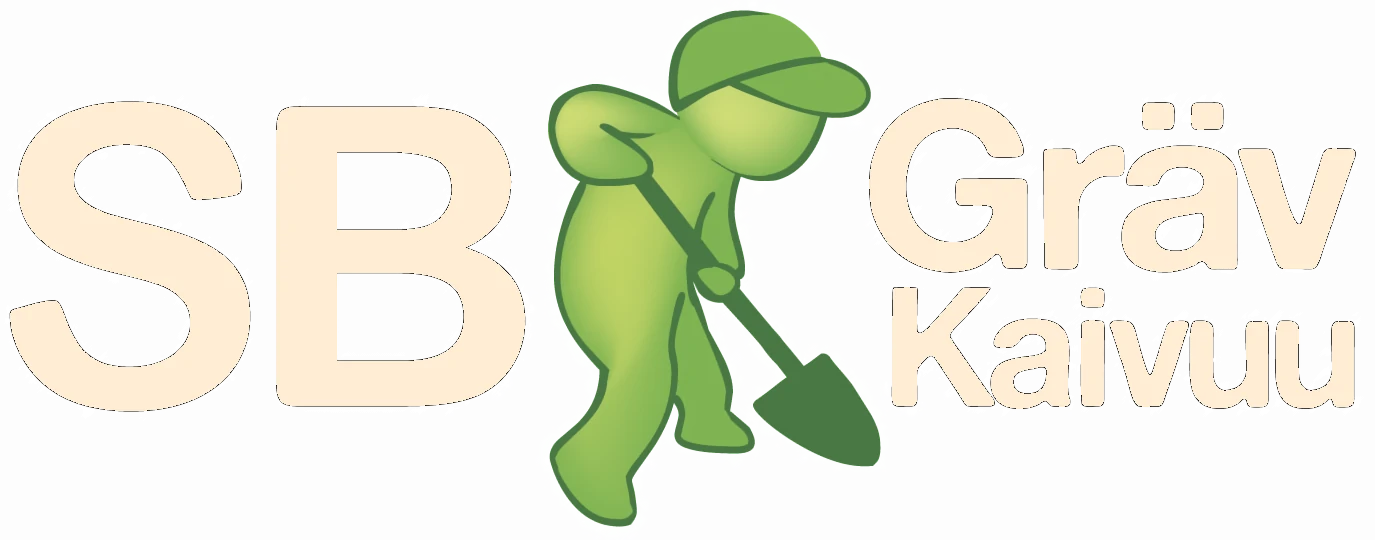 Logo för SB Gräv. Grön gubbe i keps gräver med spade.